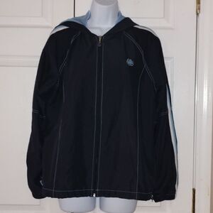 GreenTea navy white light blue lightweight hooded jacket Sz L EUC